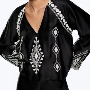 Zara NWT satin feel embroidery long sleeve top size small